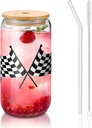 Checkered Flags Race Car Flag 16 Oz Drinking Glasses With Bamboo Lids,Glass Straw And Cleaning Brushes Glass Tea Cup For Iced Coffee,Smoothie,Cocktail,Beer,Whiskey,Soda,Matcha