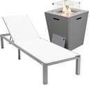 LeisureMod Modern Grey Aluminum Outdoor Chaise Lounge Chair with Square Fire Pit Side Table – Perfect for Patio, Lawn, and Garden, White