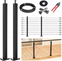 Muzata 5-10FT Modular Black Cable Railing Kit 36 Inch 2 Level Post Kit Complete Set Cable Railing System for Decks Length Adjustable Easy DIY with Paper User Guide (No Handrail) RWS1 BH4S
