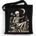 Aesthetic Skull Print Canvas Tote Bag Gifts for Women Book Lover, Bookish Cotton Totes Bag Gifts for Halloween Christmas Birthday Mother's Day, Go Away I am Reading