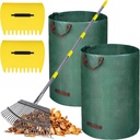 Garden Rake Set with Adjustable Handle 37-73 Inch, 18 Inch Wide Head, 25 Metal Tines, Leaf Grabbers, Work Gloves, 2 Leaf Bags for Yard Cleanup