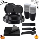 WELLIFE 210Pcs Black Plastic Plates, Disposable Dinnerware Set, Party Supplies Including Black plates, 12oz Cups, plastic Cutlery and Napkins Serve 30 Guests, Plastic Plates for Party and Halloween