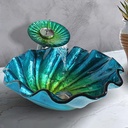 Artistic Bathroom Sink and Waterfall Faucet Set Tempered Glass Seashell Vessel Sink Basin Washing Bowl Vanity Cabinet Countertop Sink with Chrome Faucet Pop-Up Drain