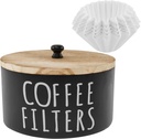 Coffee Filter Holder, Wooden Large Capacity Rustic Coffee Filter Storage Case Dispenser with Bamboo Lid and 50 Filters, Round Organizer Basket Container Storage for Bar Counter Decor