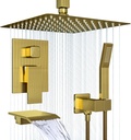 Ceiling Shower Faucet Set Brushed Gold Shower System for Bathroom,10 inch Rainfall High Pressure Shower Head Combo Set Complete with Handheld Spray,Valve and Tub Spout