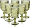 Vintage Wine Glasses Set of 6, 12 OZ Colored Glass Water Goblets, Embossed Floral Decorative Crystal Glass Cups Set, Dishwasher Safe, for Wedding, Party, Bars, Restaurants, Green