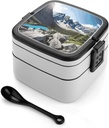 Mountains Bento Box, Reusable Double Layer Lunch Box with Handle & Dividers, 1000ml Leakproof Lunch Container for Office, Picnic, Travel