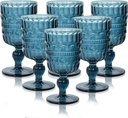 Vintage Wine Glasses Set of 6, 12 OZ Colored Glass Water Goblets, Embossed Floral Decorative Crystal Glass Cups Set, Dishwasher Safe, for Wedding, Party, Bars, Restaurants, Blue