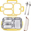 25oz/750ml Stainless Steel Lunch Box Kit (Bento Box + Fork/Spoon) - 3 Leakproof Compartments - Food-Grade 18/8 Steel for Kids & Adults - School/Office/Travel Ready - Dishwasher Safe (Yellow)