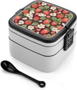 Strawberry Bento Box with Spoon, 2-layer Stackable Lunch Box Leak Proof with Invisible Handle, Insulated Food Storage for Office, Picnic & Travel