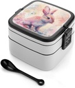 Bento Box for Adult Red Toned Rabbit Bento Lunch Box with 2 Compartments Stackable Lunch Container Reusable Food Storage Container Meal Prep Snack Containers