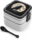 Black Crow on Full Moon Bento Box Leak-Proof Double Layered Lunch Containers with Spoons And Invisible Handle, Portable Lunch Boxes for Work Picnic Travel