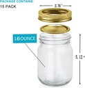 Encheng 16oz Mason Jars with Lids and Bands,Glass Regular Mouth 16 oz Glass Jars with Gold Lids,Clear Pint Canning Jars for Food Storage,Pickles,Overnight Oats,15 Pack