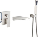DASAN Waterfall Tub Filler Faucet Wall Mount with Hand Shower, Modern Wall Mounted Bathtub Faucet Brushed Nickel Tub Faucet with High Flow Rough in Valve, SA-TF01WH-BN