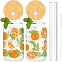 Whaline 2Pcs Orange Drinking Glasses 16oz Boho Orange Daisy Glasses Cup Summer Ice Coffee Cup with Lid Straw for Cocktails Beer Soda