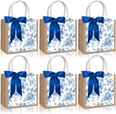 6Pcs Blue White Vintage Floral Burlap Tote Bags Reusable Chinoiserie Flower Jute Gift Bags with Handles and Ribbon Grocery Shopping Bridesmaid Bag for Wedding Baby Bridal Shower Birthday Party