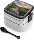 Mountains Landscape Creek Scenery Lunch Box with Handle Stackable 2 Layer Leak-Proof Bento Box Portable Food Containers for Unisex