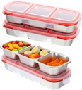 4 Pack Stainless Steel Snack Containers with Lids, 3-Compartment Metal Bento Lunch Boxes Snack Box Container Reusable for Home Office Travel
