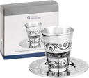 Stainless Steel Kiddush Cup Set - Premium Kiddush Wine Cup and Saucer with Laser Engraved Floral Pomegranate Design for Shabbat, Havdalah, Passover - Judaica Shabbos and Holiday Gift
