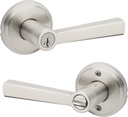 Kwikset Trafford Entry Door Handle with Lock and Key, Secure Keyed Reversible Lever Exterior, for Front Entrance and Bedrooms, Satin Nickel, Pick Resistant Smartkey Rekey Security and Microban