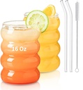 KEMORELA 2PCS Wave Bubble Beverage Glasses With Straws, 16 Oz Vintage Glass Cups, Aesthetic Iced Coffee Glasses, Ripple Glassware, Beer Glasses - Stylish Drinkware for Every Occasion