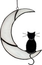Black Cat Decor On White Moon Stained Glass Window Hanging Suncatcher for Windows Panels Sun Catcher Halloween Ornament Decoration Memorial Gift for Lover Cat Loss