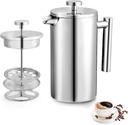 Miuly French Press 34oz, Double Insulated 304 Stainless Steel Coffee Press,Stainless Steel French Press with 2 Extra Fliters and 1 Coaster Mat Coffee Set(34oz, Sliver)