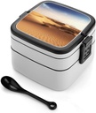 Desert Landscape Bento Box Double Layer Lunch Box for Adults with Spoon And Handle Stackable Lunchbox Leakproof Lunch Container for Work Picnic Travel