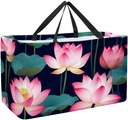Reusable Grocery Bag Heavy Duty Shopping Tote Bag Foldable with Reinforced Handle, Lotus Flowers and Flying Dragonflies