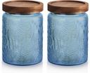 2 pack Decorative Mason Jars with Wooden Lids Colored Glass Kitchen Canister for Coffee Tea Cookie Airtight Vintage Food Storage Container with Embossed Floral Pattern (Blue Floral, Small)