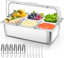 Countertop Food Serving Display Container with Clear Roll Top Cover, Stainless Steel Salad Serving Tray Condiment Dispenser Ice Food Serving Display Tray for Buffet Restaurant Kitchen Party(6 Pan)