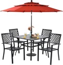Sophia & William Metal Outdoor Patio Dining Set 6 PCS with 10ft 3 Tier Auto-tilt Umbrella(Orange Red), 4 x Metal Outdoor Chairs, 1 x Square 37"x 37" Dining Table and 1 Patio Umbrella