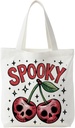 NATSUNO Spooky Halloween Skull Cherry Tote Bag for Candy Treats, Gothic Halloween Skull Canvas Tote Bag Party Favors, Gothic Reusable Shopping Grocery Bags