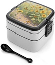 Sunflowers Print Bento Box - Double Layer, Leakproof Food Containers with Partition & Spoon, Stackable Lunch Box for Office, Travel, Camping