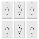 TOPGREENER USB Outlet, Type C & Type A USB Wall Outlet, 15 Amp Tamper Resistant Receptacle Plug, Charging Power Outlet with USB Ports, Wall Plate Included, UL Listed, TU21536AC-W-6PCS, White, 6 Pack