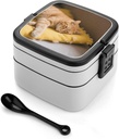 Cozy Cat Bento Box - Double Layer, Leakproof Food Containers with Partition & Spoon, Stackable Lunch Box for Office, Travel, Camping