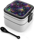 Colorful Fireworks Laser Portable Bento Box with Handle 2 Compartment Leak-Proof Stackable Lunch Box for Work Picnic Camping