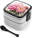 Peony Flowers Blossom Bento Box Double-Layer Bento Lunch Container with Spoon And Invisible Handle Adult Leak-Proof Lunchbox for Dining Out Work Picnics Travel
