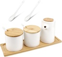 DOERDO 3 in 1 White Ceramics Oil Dispenser Bottle, Sugar Salt Condiment Storage Jar, Liquid Condiment Storage Can with Spoons and Tray for Kitchen Cooking, 250ML