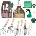 14 PCS Garden Tool Set with Soil Moisture Meter, Stainless Stell Heavy Duty Gardening Hand Tools with Wood Handle, Tote Bag, Repotting Mat, Gardening Tool Set Ideal Gift for Women and Men