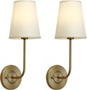 Pathson Hardwired Wall Sconces Set of 2, Cream-Yellow Fabric Shade Not White, Modern Bathroom Wall Vanity Light for Bedroom Living Room (Antique Brass)