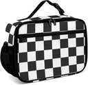 Black White Racing Checkered Reusable Lunch Box Insulated Lunch Bag Cooler Bag Lunchbox Meal Food Container Tote Bag for Women Kids Girls Boy School Camping Hiking Picnic Beach Travel
