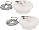 uxcell 2Pcs Tub Stoppers, Rubber Bathtub Stoppers 1-5/8" Kitchen Sink Drain Stopper, Bathroom Drain Plug with Pull Ring and 15" Stainless Steel Beaded Chain, White