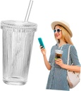 Wakauto Vertical Stripe Glass Cup with Lid and Straw Reusable Drinking Glass for Iced Coffee Cocktails Juice Tea Stylish Spill Resistant Tumbler for Everyday Use