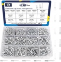 ZQZ 630Pcs Aluminum Pop Rivets Assortment Kit, 15 Sizes Silver Rivets with 3/32" 1/8" 5/32" 3/16" 1/4" Blind Rivets, Assorted Pop Rivets Set