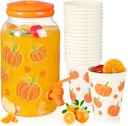 Umigy 1 Gallon Fall Pumpkin Plastic Drink Dispenser with 20 Pcs 12 oz Paper Cups Thanksgiving Harvest Kitchen Decoration Beverage Water Dispenser with Spigot for Juice Beer Autumn Party Supplies