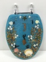 ELONGATED BLUE SEASHELL and SEAHORSE RESIN TOILET SEAT, CHROME HINGES