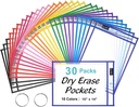 SUNEE 30 Packs Oversized Reusable Dry Erase Pocket Sleeves with 2 Rings, 10 Assorted Colors 10x14 Ticket Holders, Clear Plastic Sheet Protectors, Teacher School Classroom Supplies