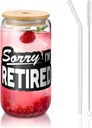 Sorry I'M Retired 16 Oz Drinking Glasses With Bamboo Lids,Glass Straw And Cleaning Brushes Glass Tea Cup For Iced Coffee,Smoothie,Cocktail,Beer,Whiskey,Soda,Matcha