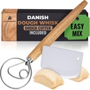 Danish Dough Whisk, Sourdough Bread Whisk 13" with Dough Cutter - Sourdough Mixer Tool for Baking with Stainless Steel Hook, for Bread, Pizza, Pastry, Cake Batter